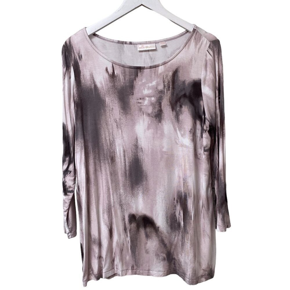 BELLE Kim Gravel Top Size Small Gray Pink Watercolor Womens Tunic Tee 3/4 Sleeve